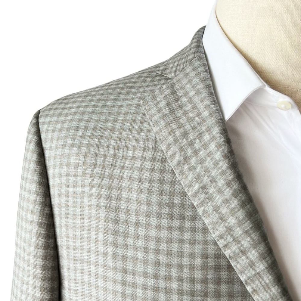 J Hilburn Light Blue Grey/Tan Check Plaid Wool Sports Coat | 40 R